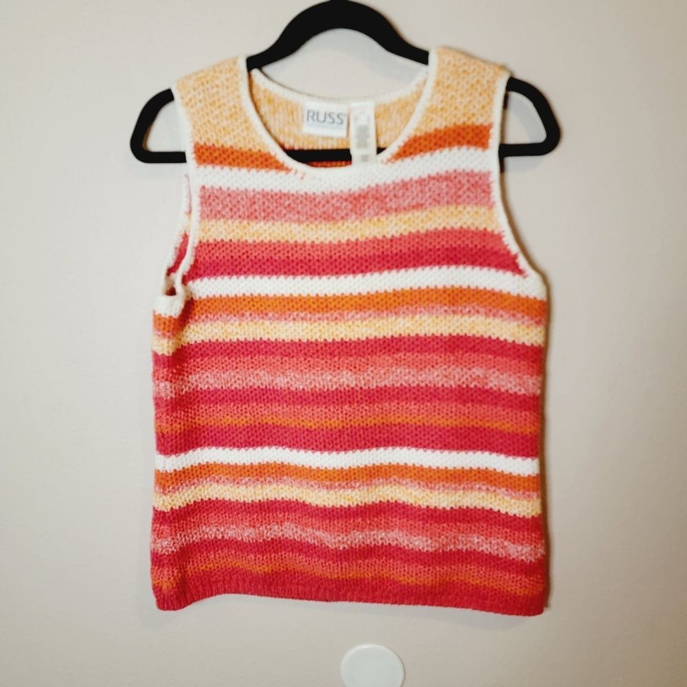 Vintage Russ Knit Red orange white Striped sleeveless sweater Vest